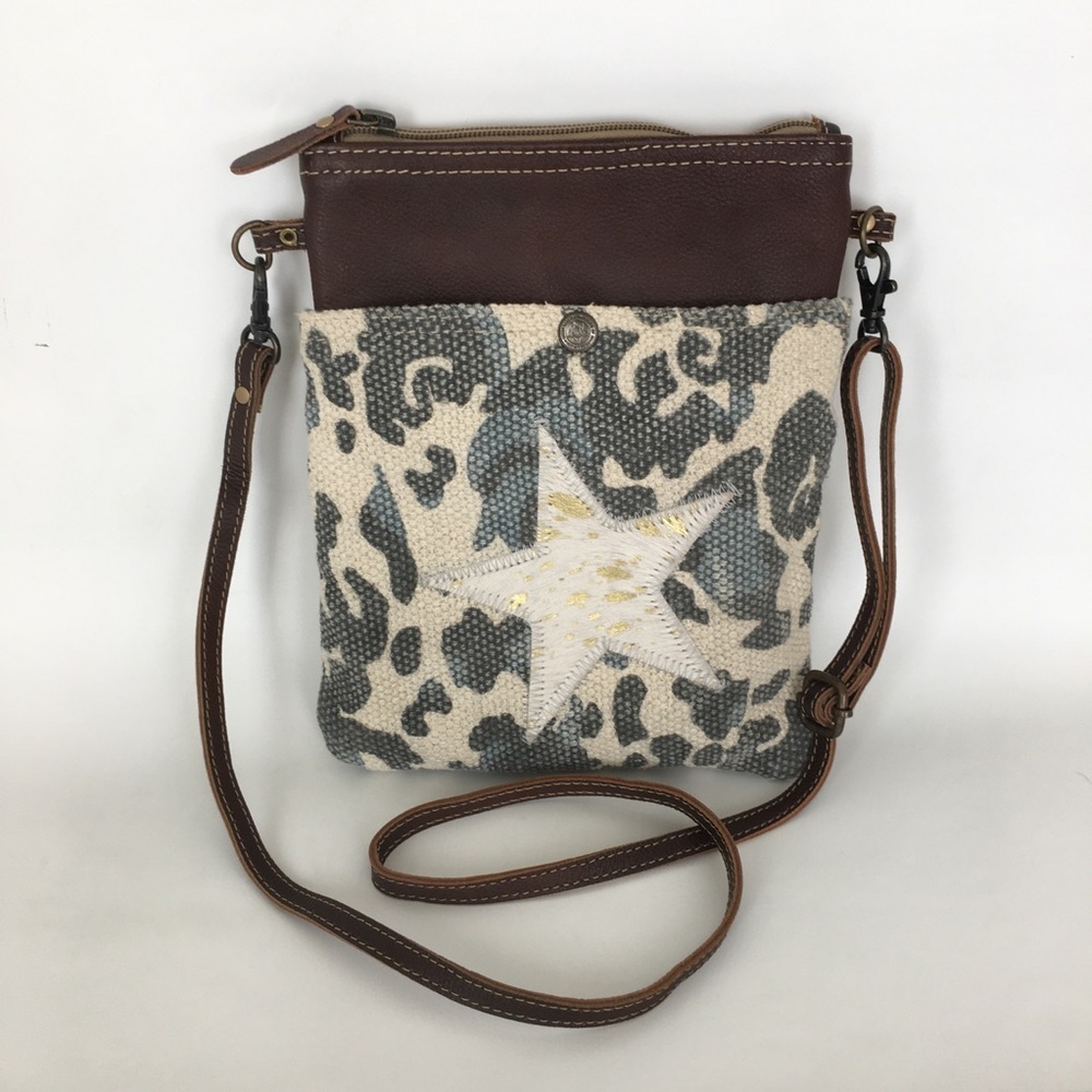 Myra Bag Leather Calf Hair Star Crossbody Bag Western Cowgirl Purse Brown Cream